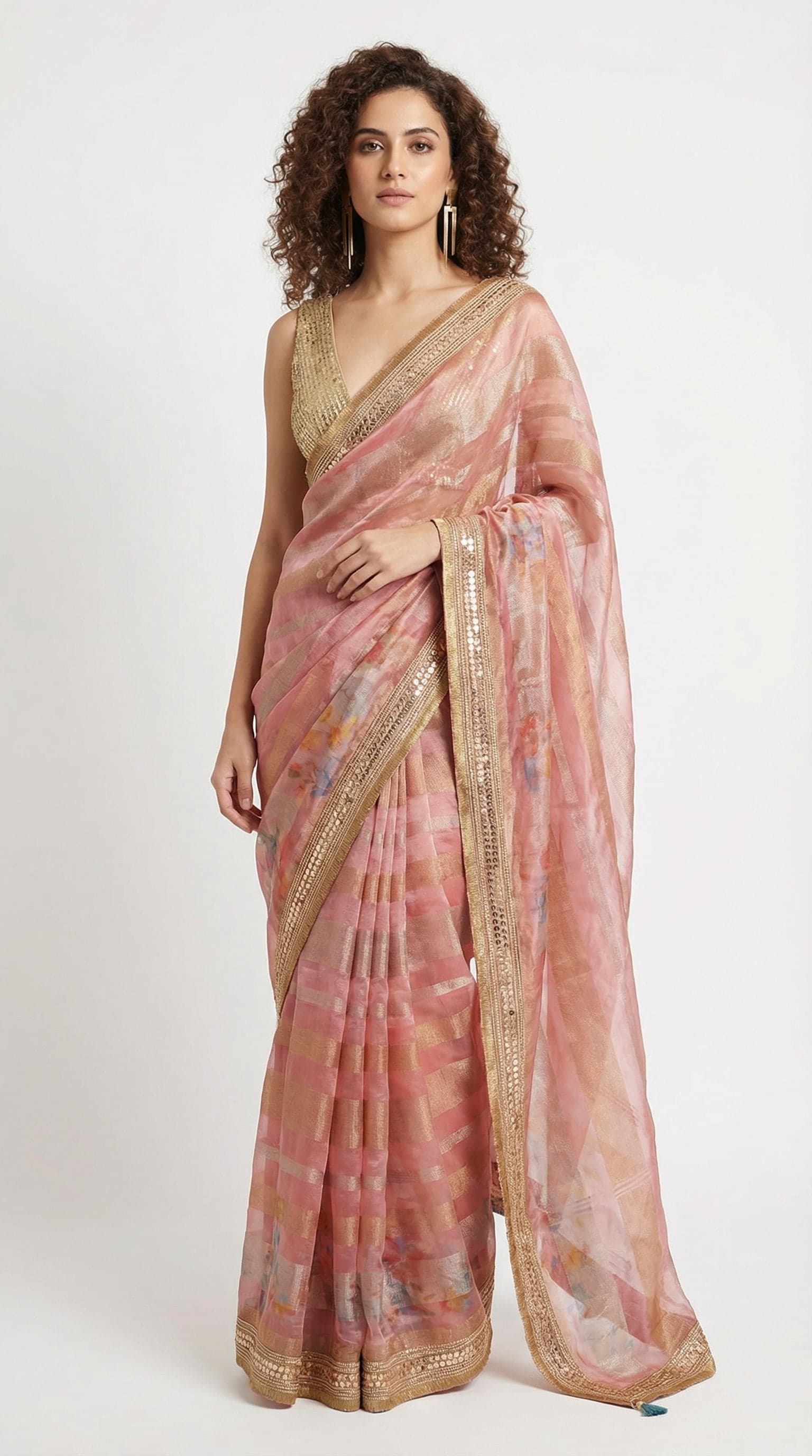 Blush Pink Striped Tissue Saree with Floral Digital Accents in Striped