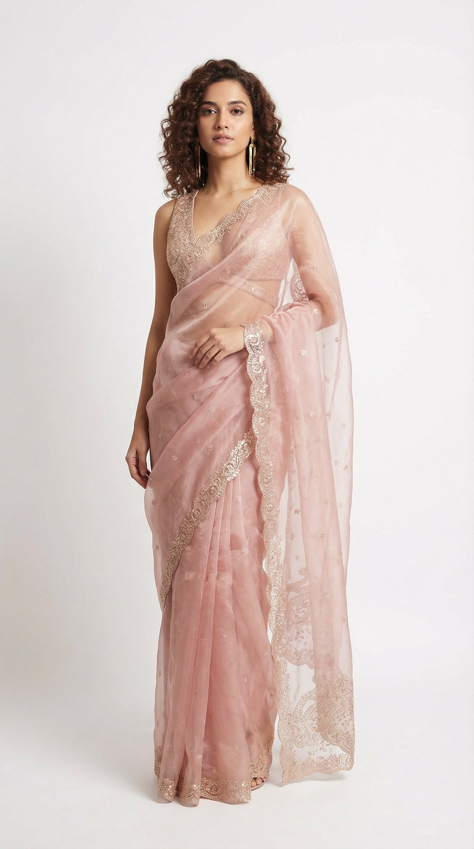 Dusty Rose Organza Saree with Intricate Scalloped Cutwork in Pink