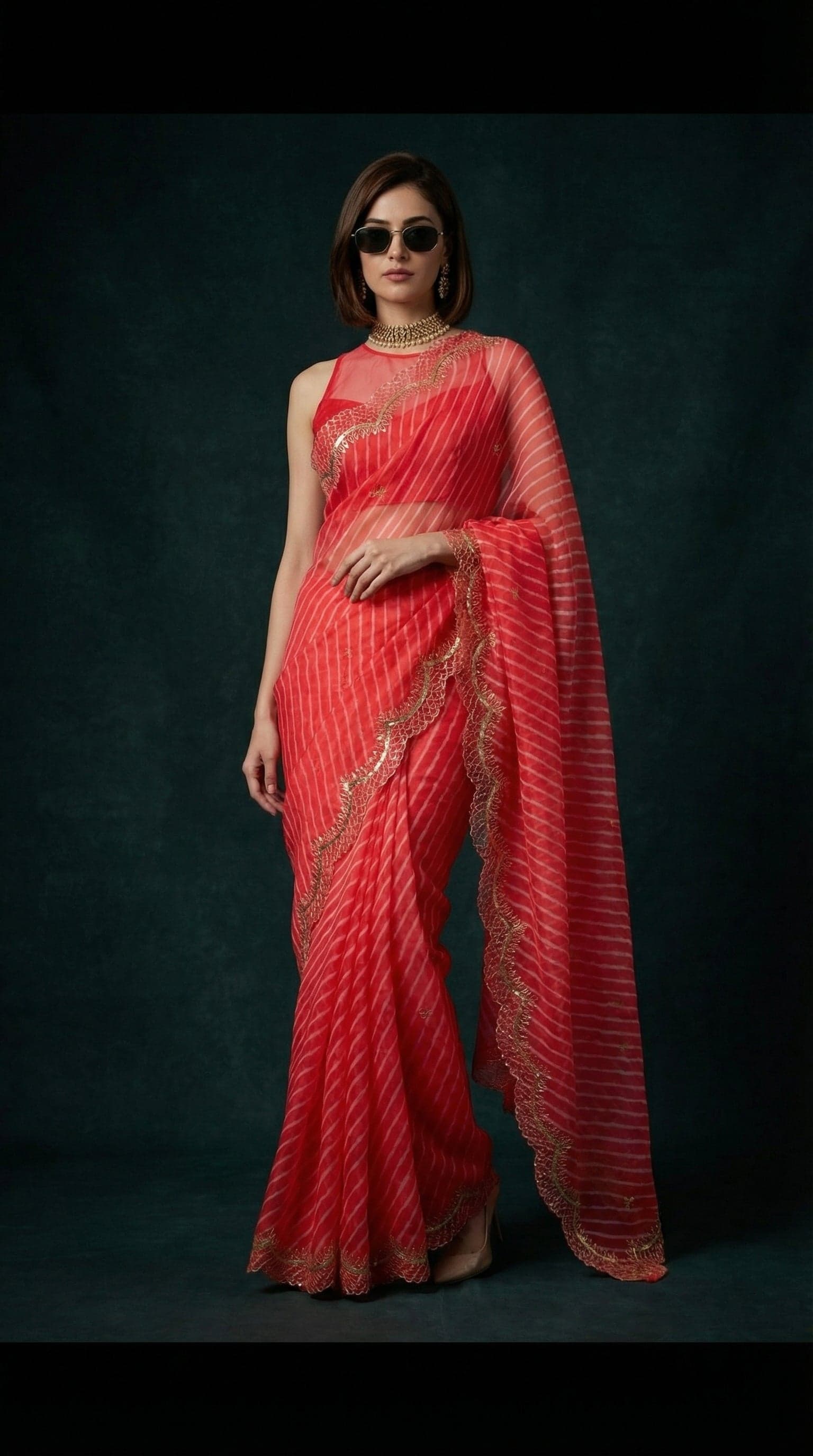 Red Leheriya Organza Saree with Hand-Finished Cutwork in Striped