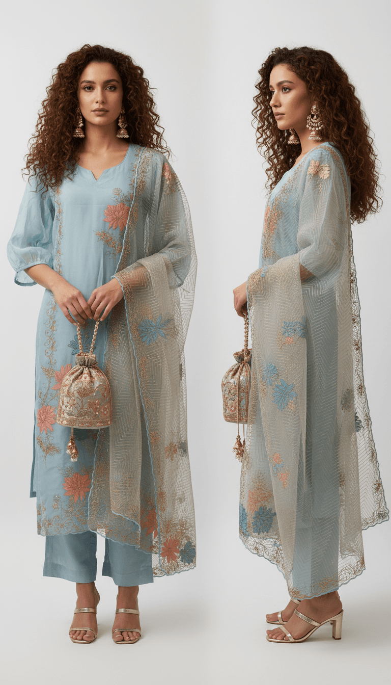 Powder Blue Organza Straight Suit Set With Golden Jaal dupatta in Geometric