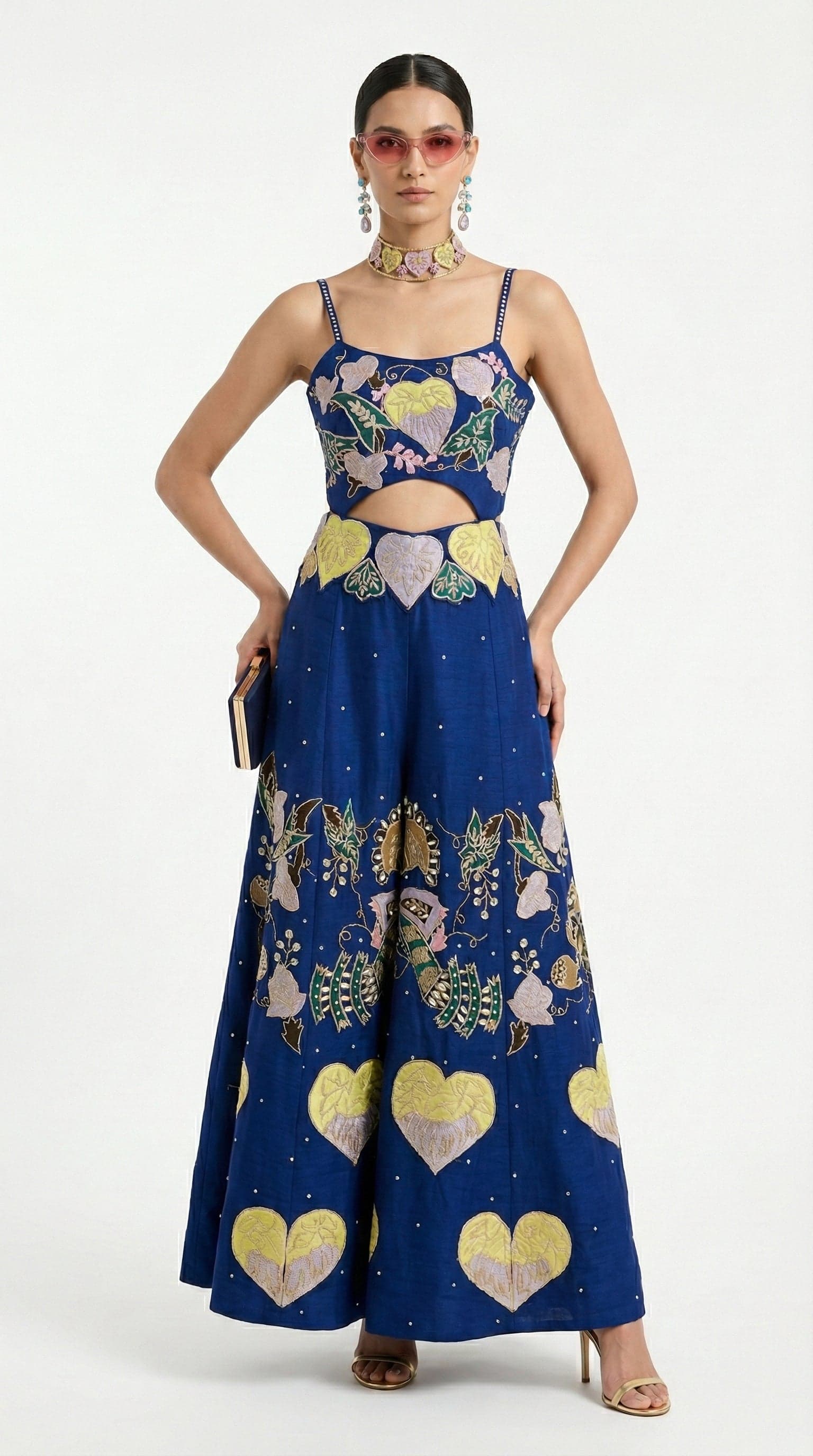 Azure Heart Hand-Embroidered Cut-Out Jumpsuit in Floral / Blue