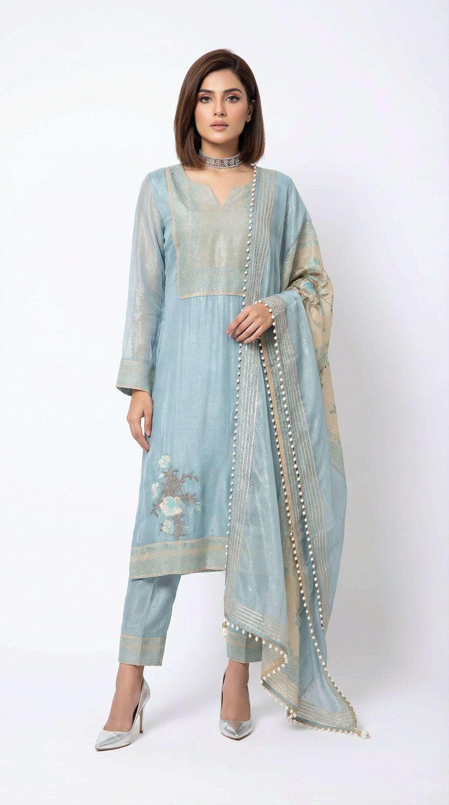 Icy Azure Shimmer Organza Tissue Set with Pearl-Accented Dupatta in Floral