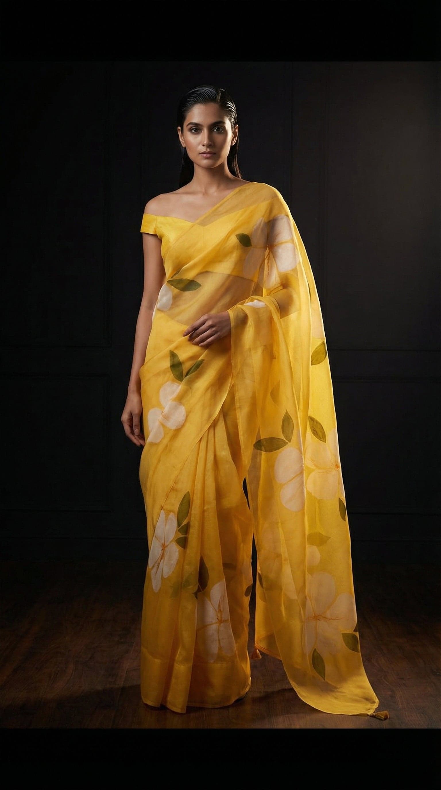 Citrine Bloom Digital Print Organza Saree in Floral
