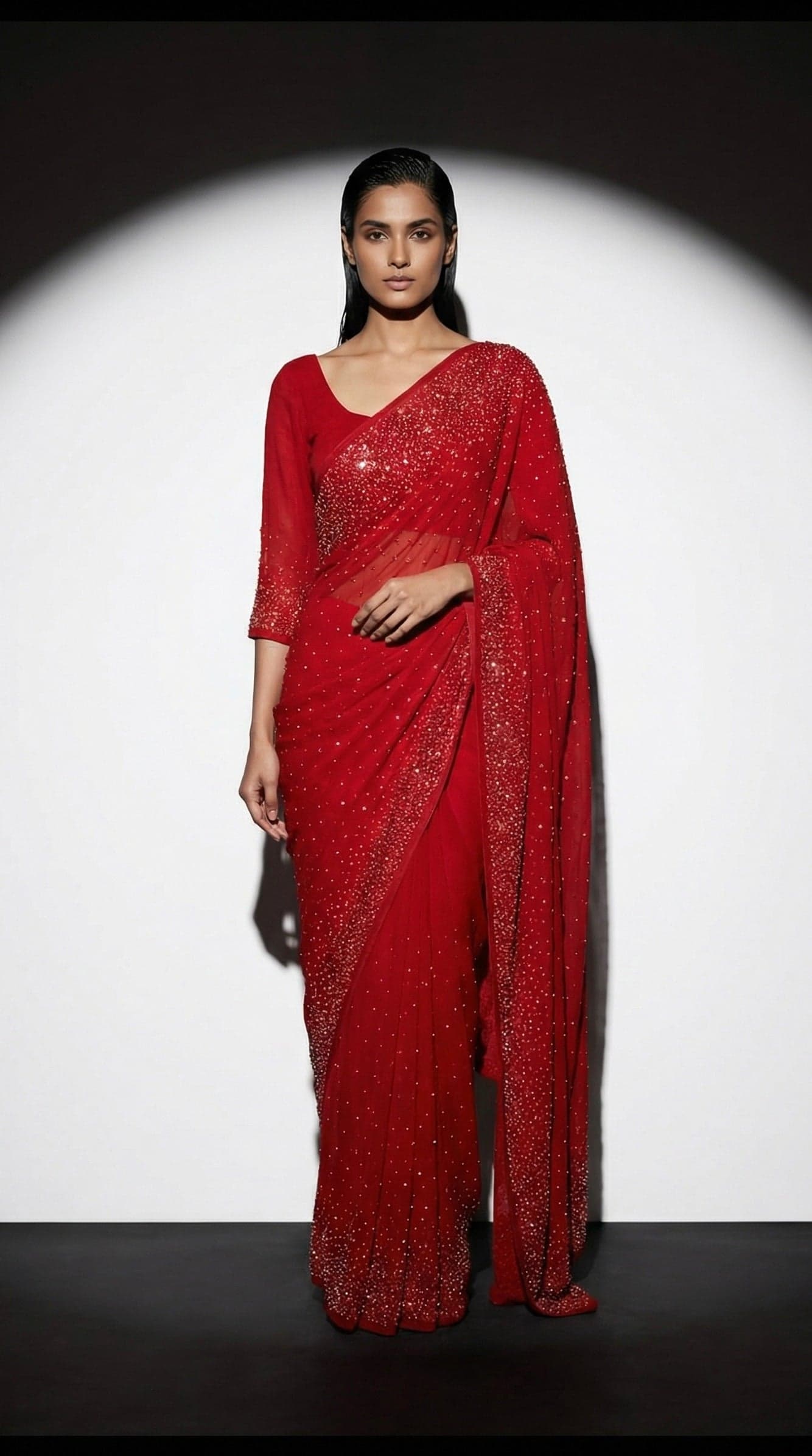 Crimson Starlight Hand-Embellished Georgette Saree in Red