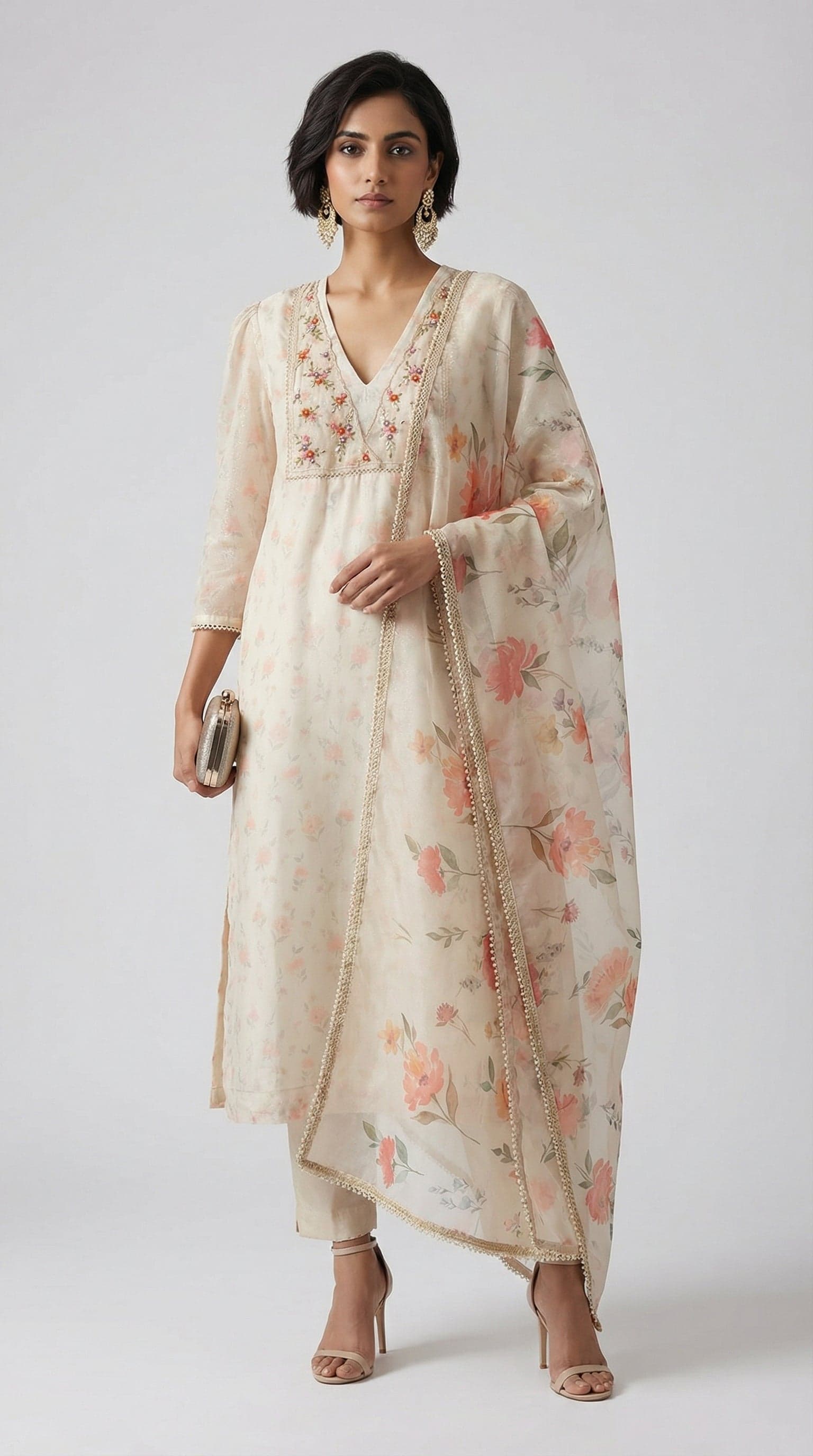 Ivory Pearl Floral Shimmer Kurta Set in Floral