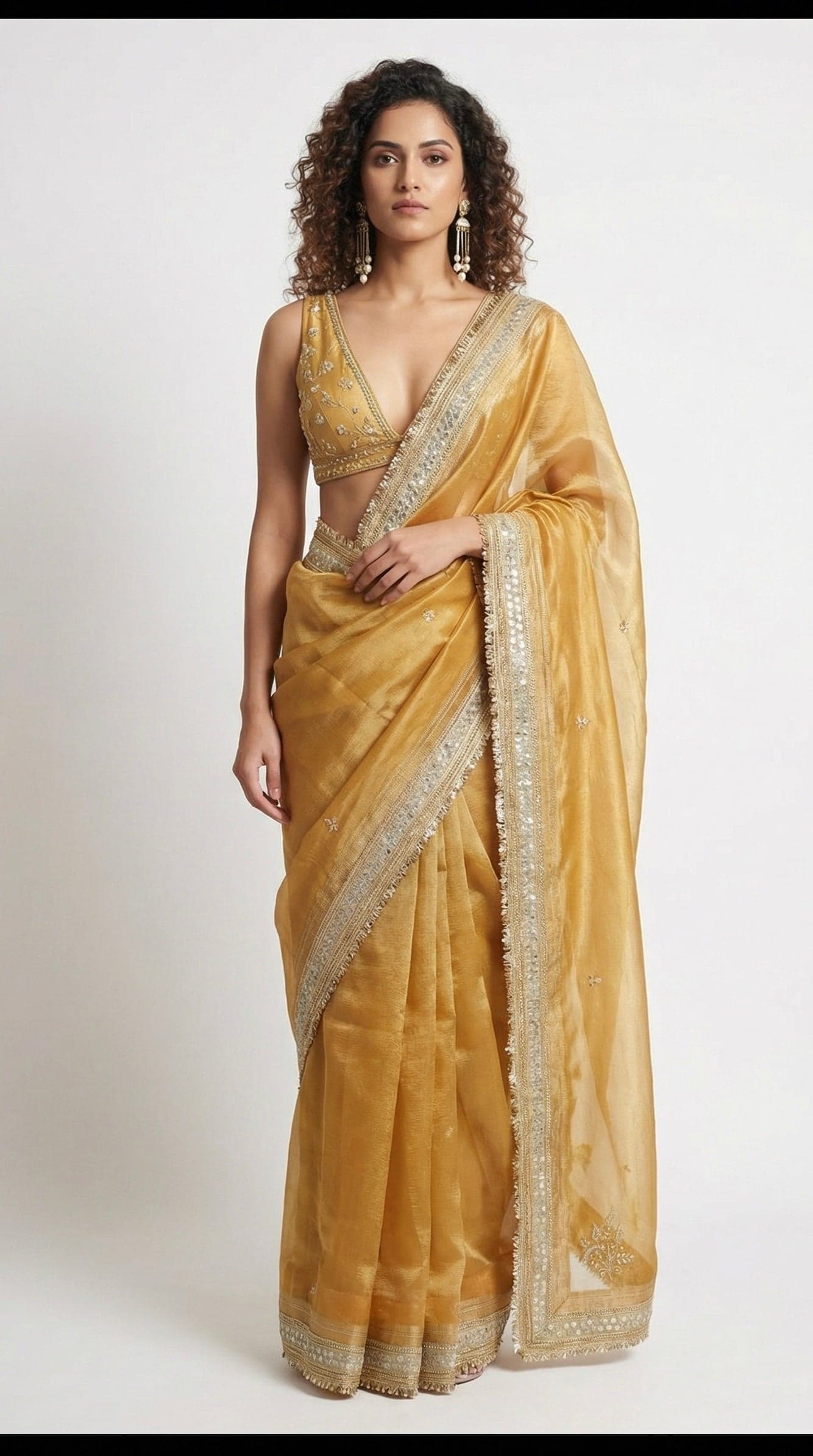 Sun-Kissed Amber Viscose Drape with Hand-Embroidered Accents in Yellow