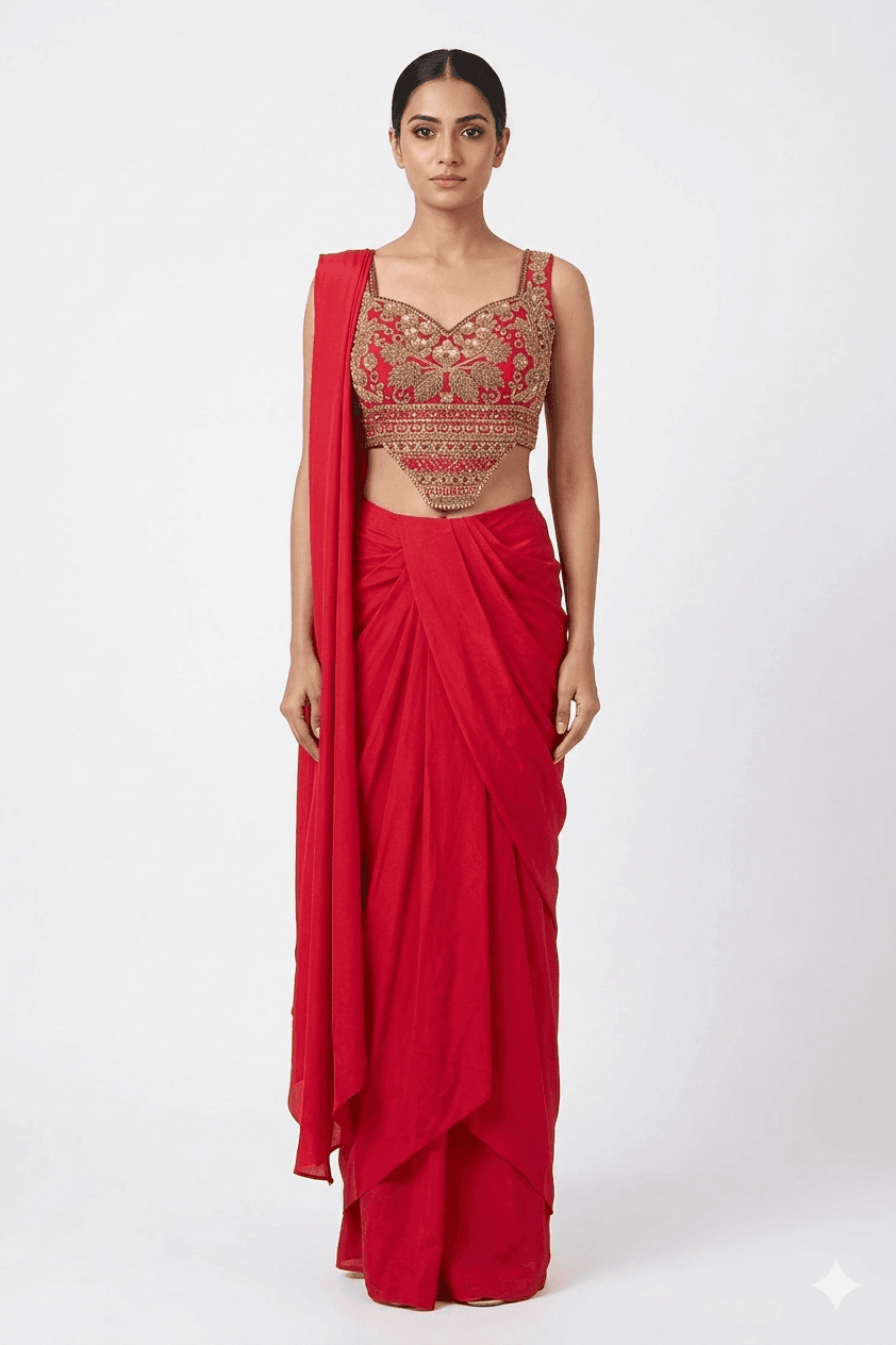 Scarlet Empress Hand-Embroidered Fusion Drape in Floral