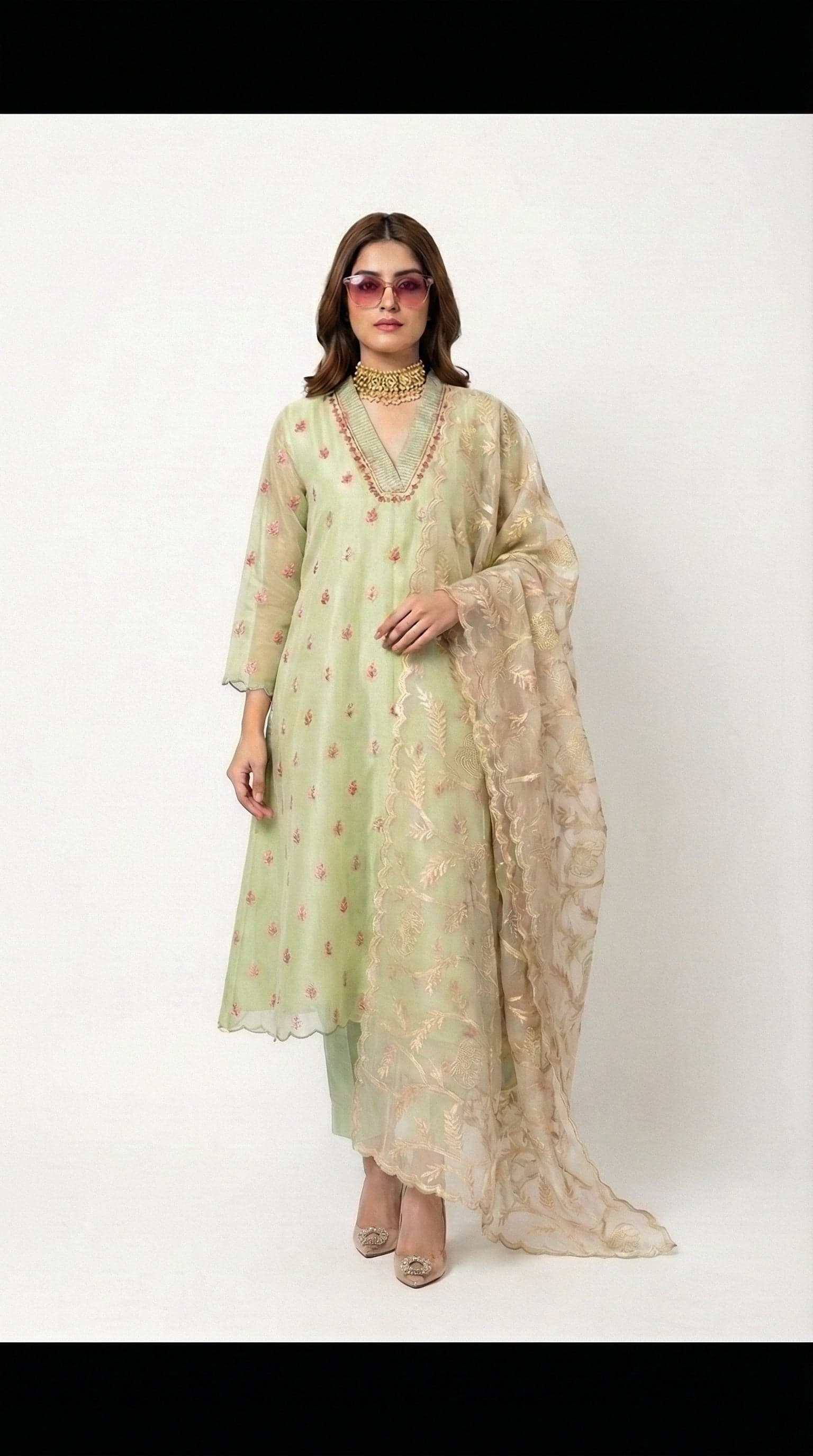 Ethereal Green Chanderi Silk Set with Gold-Accented Dupatta in Floral