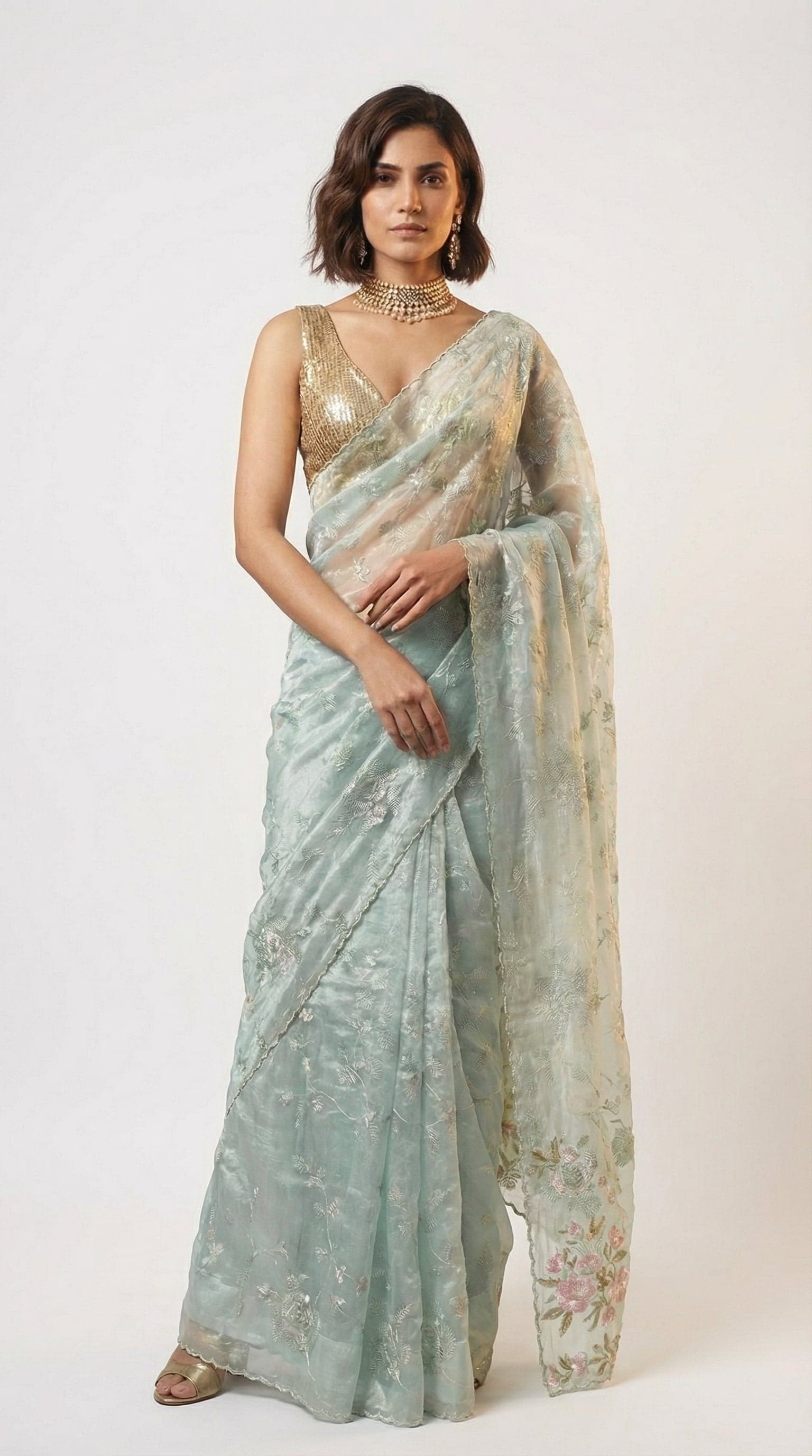 Seafoam Radiance Glass Tissue Drape with Scalloped Cutwork in Floral