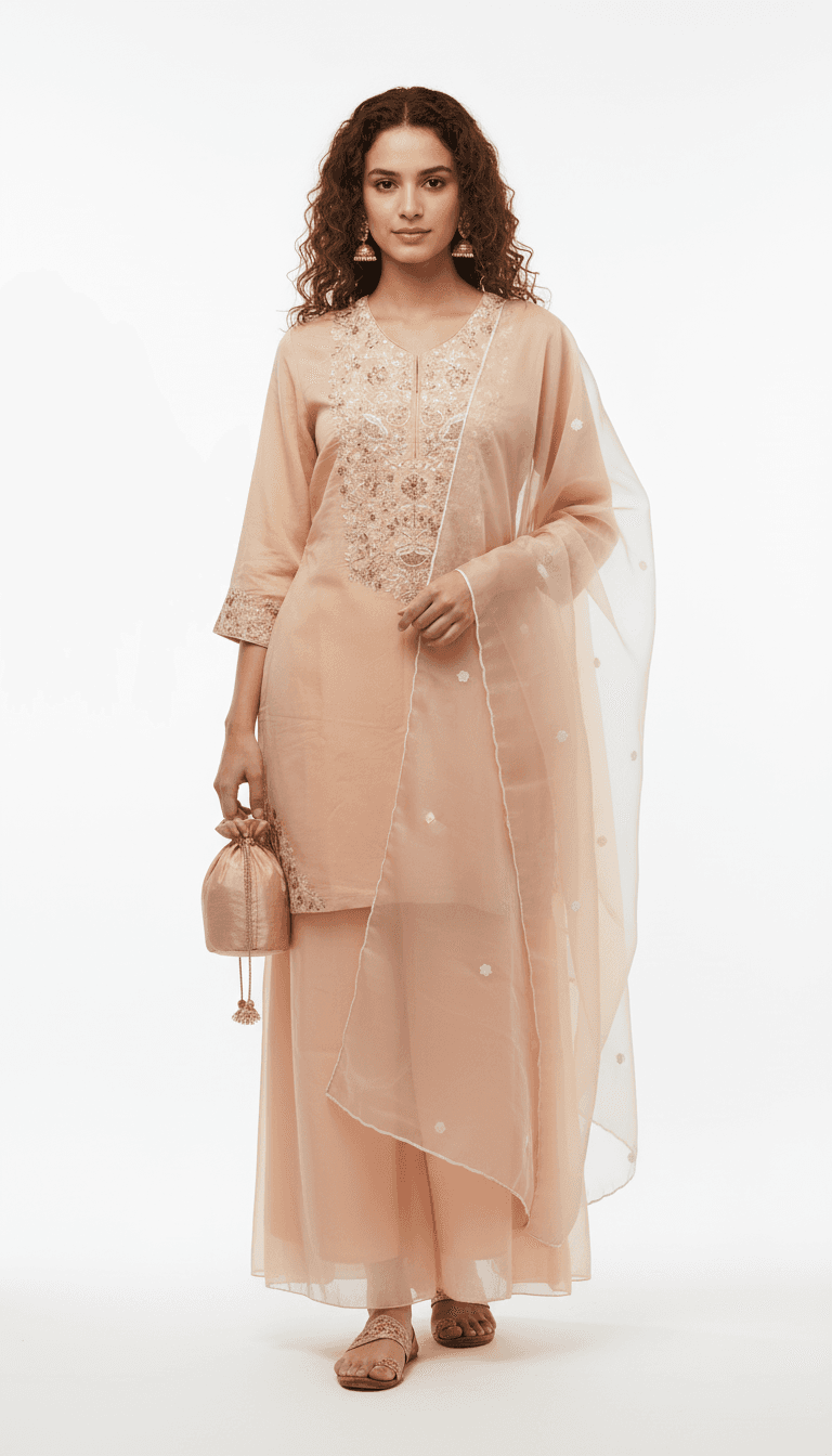 Peach Embroidered Palazzo Suit Set with Dupatta in Gold / Pink