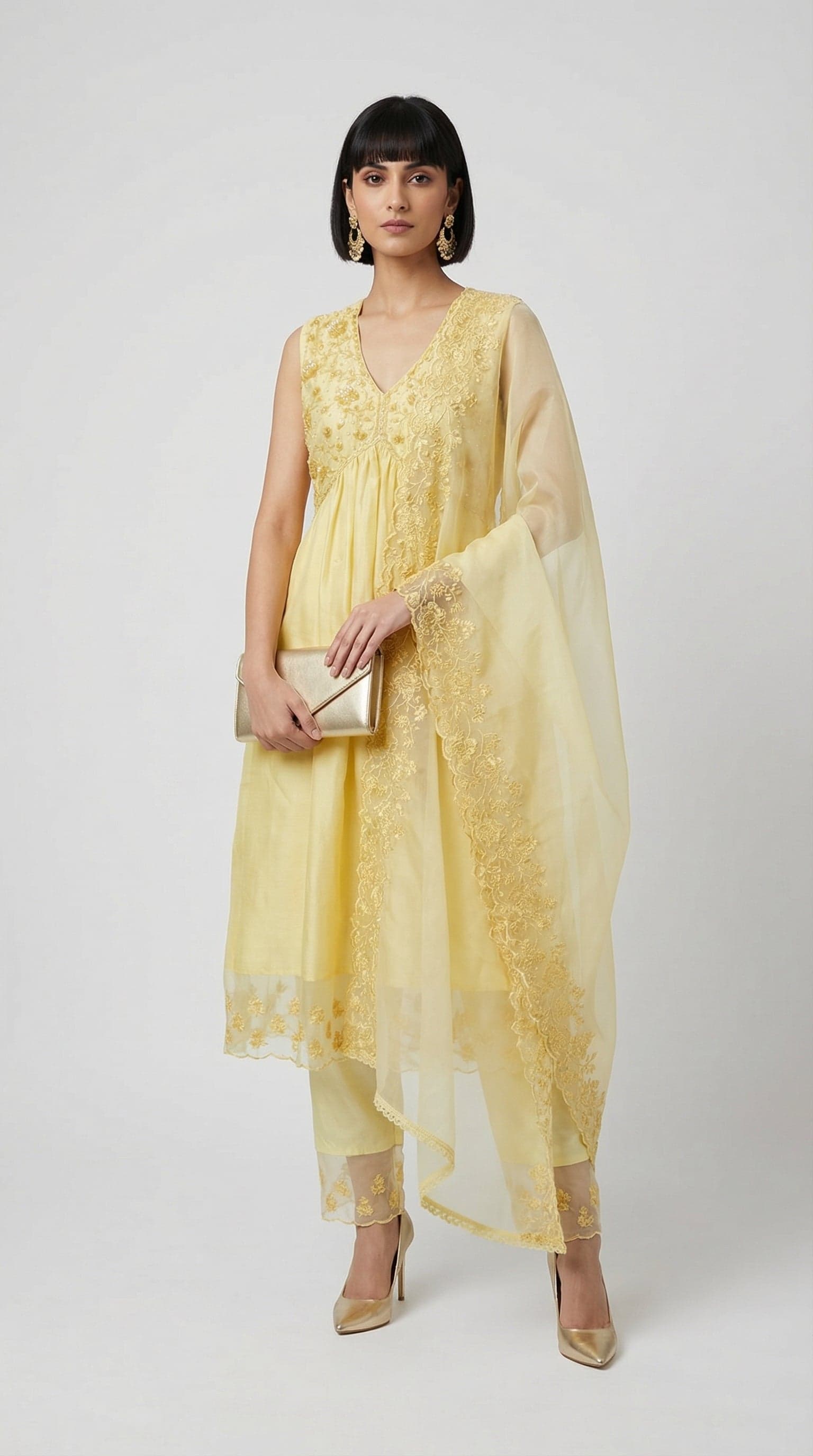 Lemon Glow Chanderi Kurta Set with Sheer Dupatta in Floral