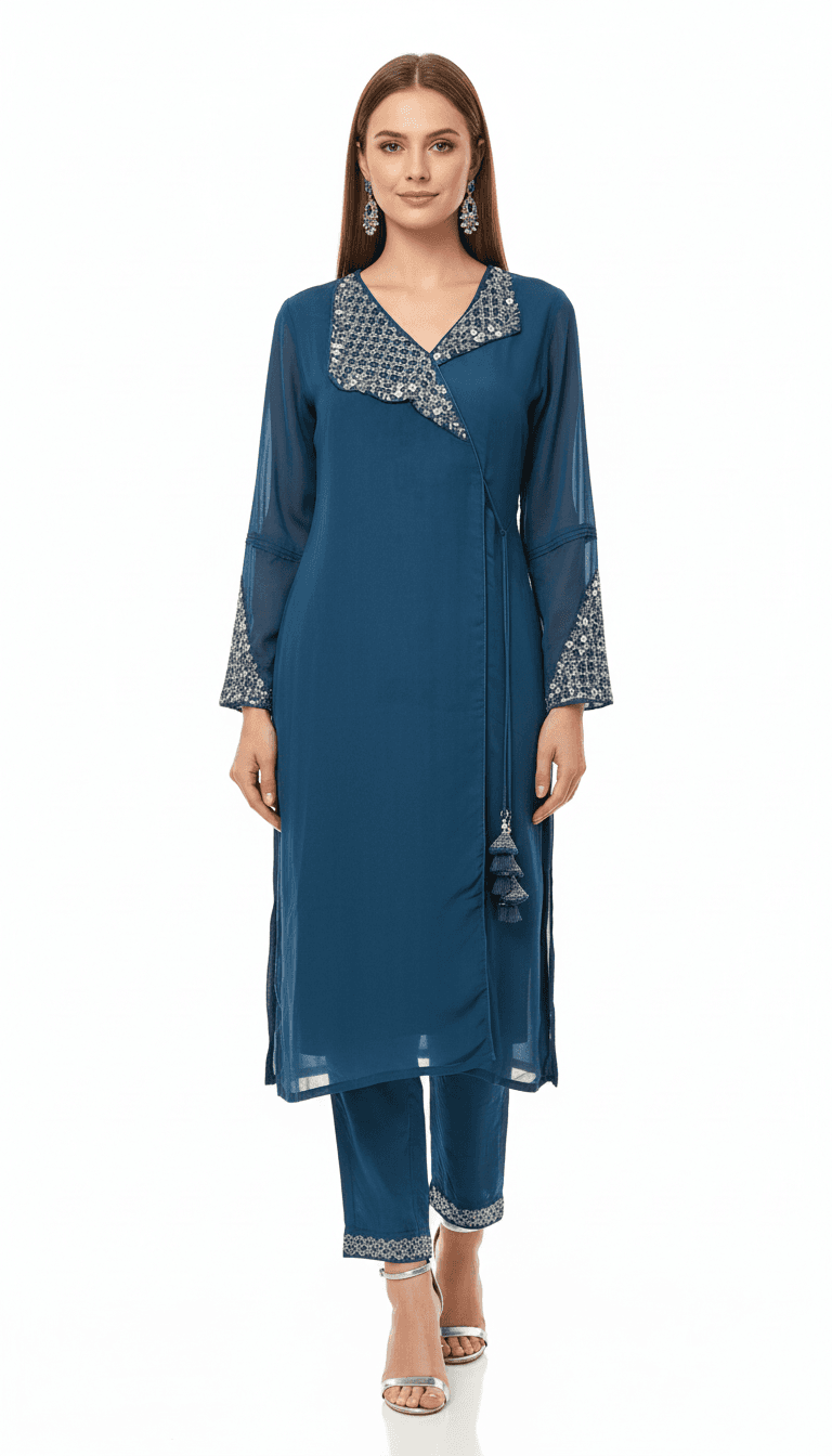 Teal Angrakha-Style Suit Set with Silver Embellishment in Blue / Silver
