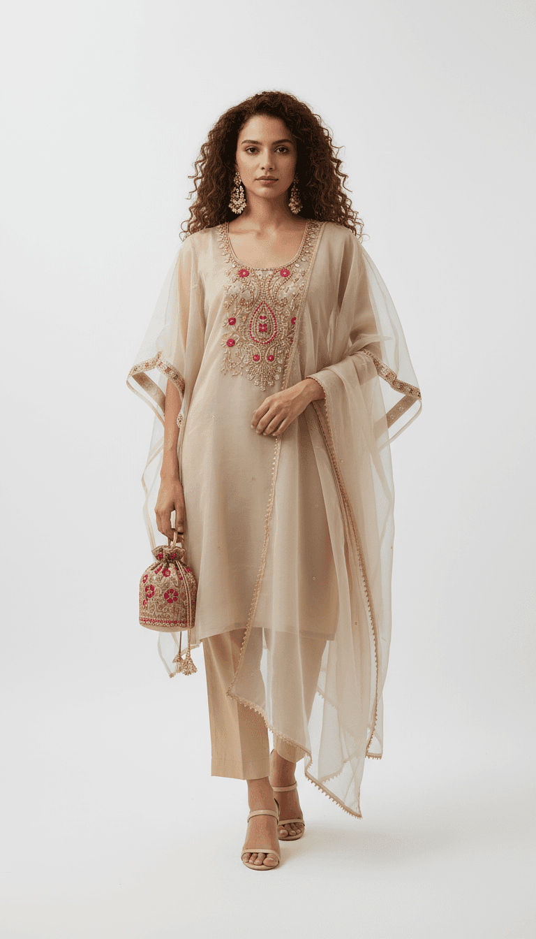 Champagne Hand-Embroidered Kaftan Set with Straight Pants and Dupatta