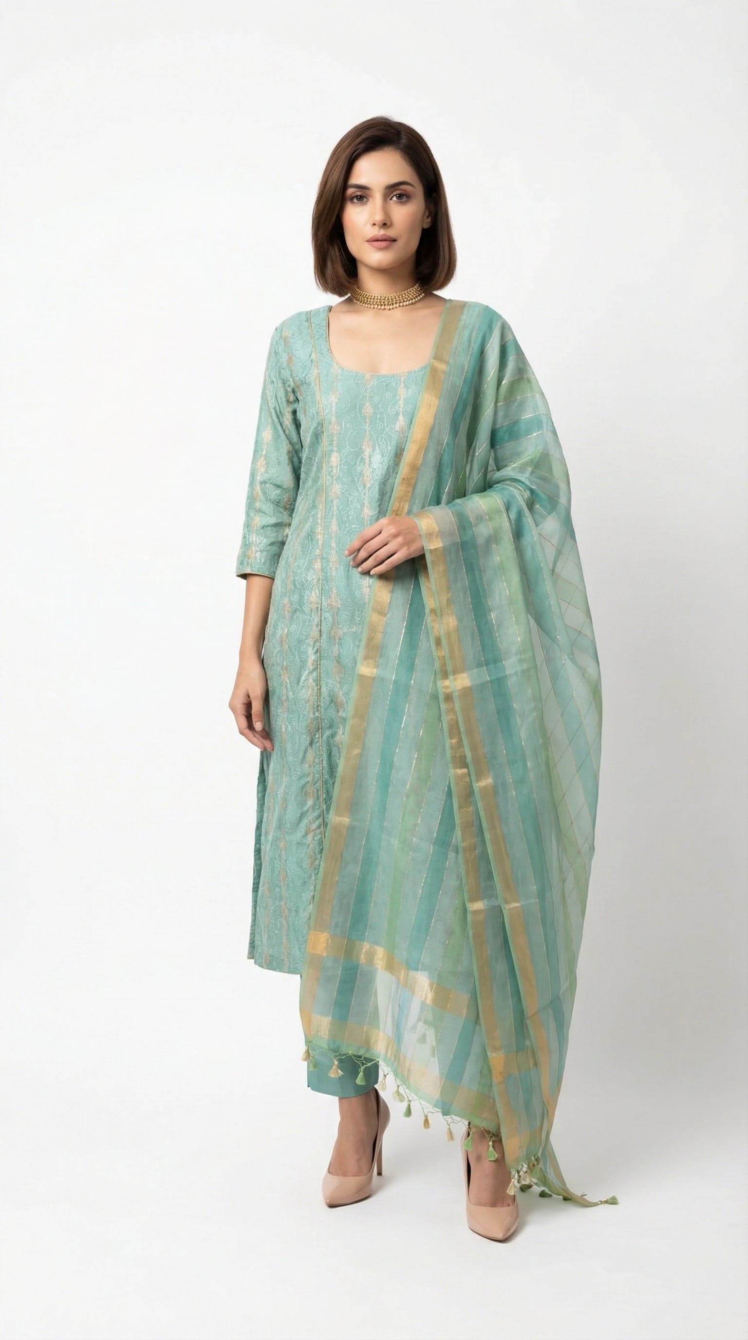 Seafoam Maheshwari Silk Kurta Set with Gilded Striped Dupatta in Striped / Geometric