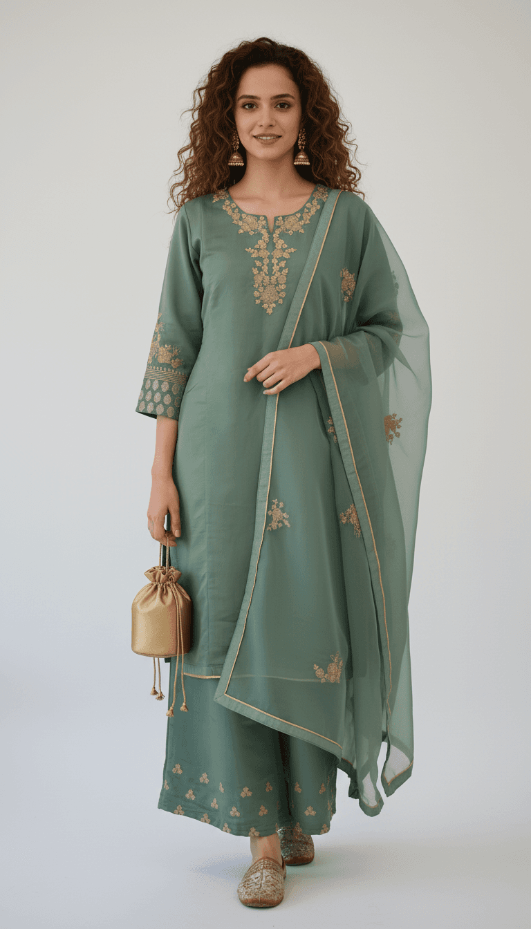 Sage Green & Gold Embroidered Palazzo Suit Set in Floral
