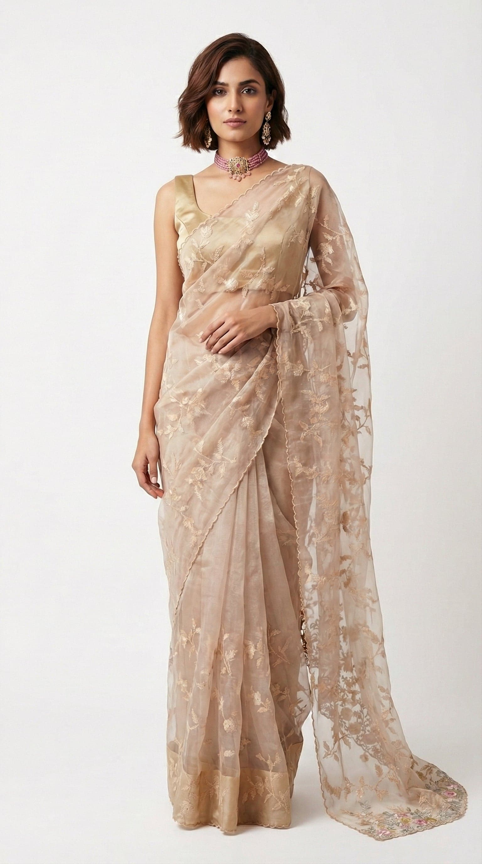 Champagne Gold Glass Tissue Saree with Scalloped Embroidered Borders in Floral