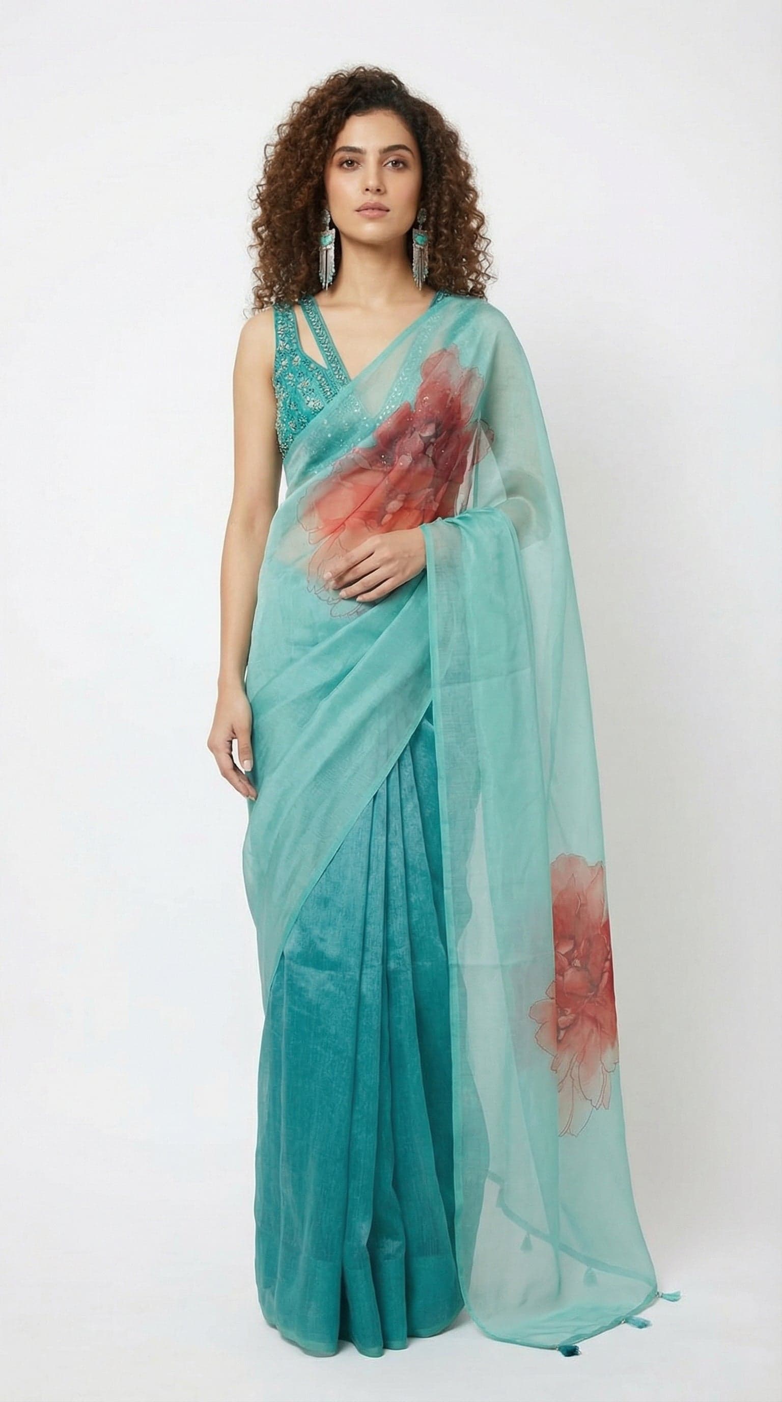 Tropical Azure Digital Print Organza Drape in Floral