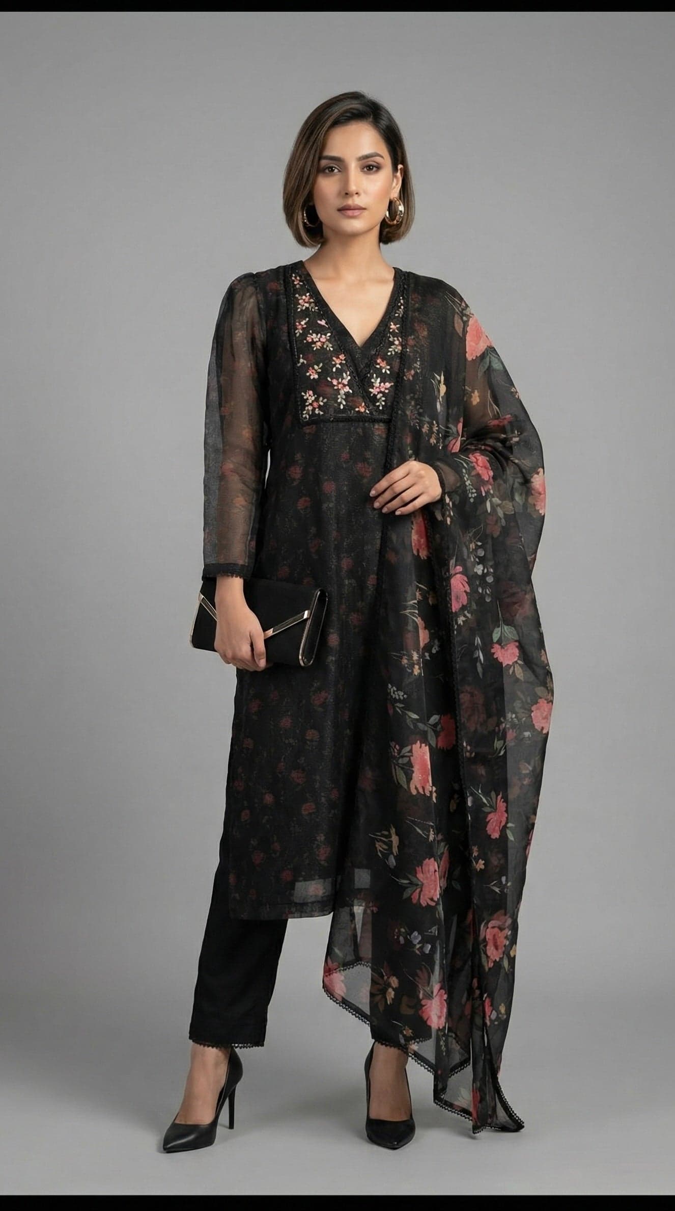 Midnight Bloom Digital Print Shimmer Kurta Set in Floral